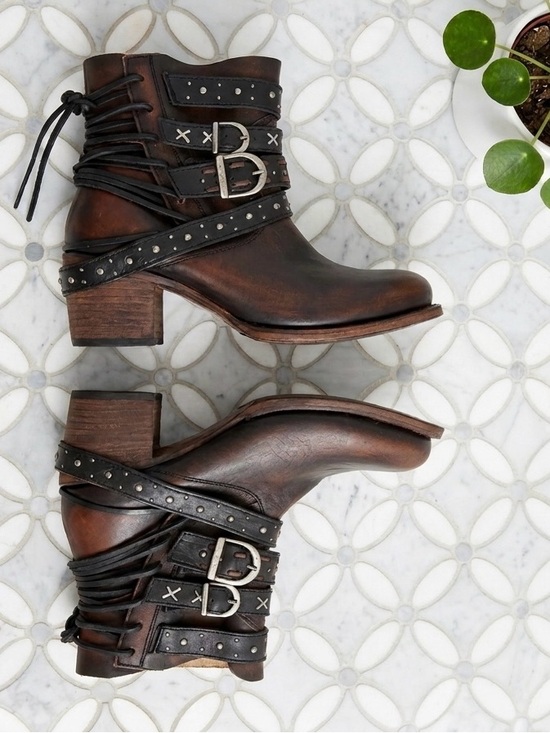 Freebird by Steven Shoes - Freebird by Steven Caspian Leather Multi-Strap Studded Moto Boots Brown Black 10